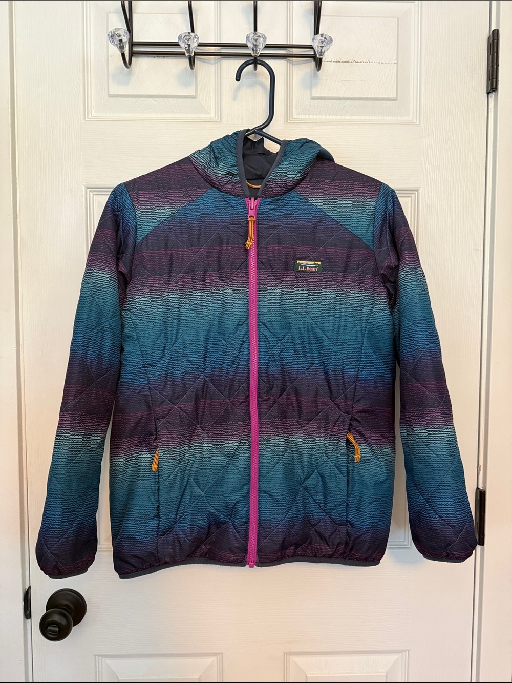 L.L. Bean Kids Quilted Reversible Hooded Jacket in Teal, Purple & Pink, Sz 14/16